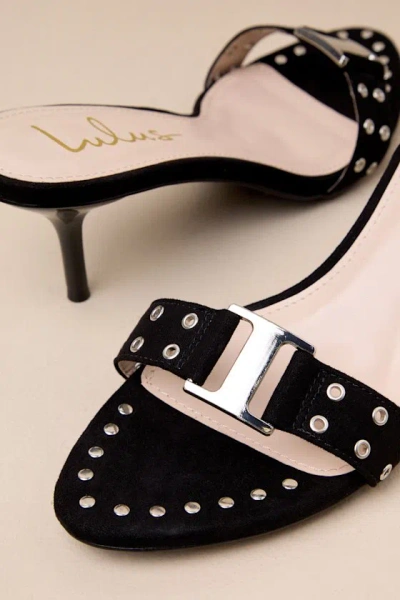 Lulus Caloway Black Suede Studded Buckle High Heel Slide Sandals In Black