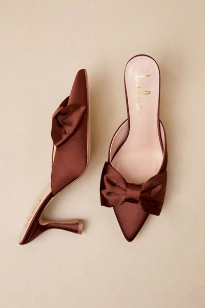 Lulus Bettanie Chocolate Satin Bow High Heel Mules In Brown