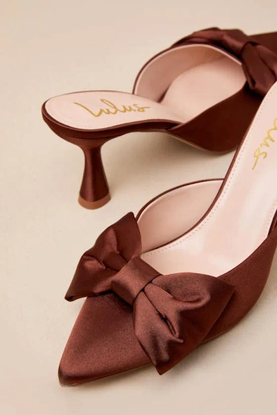 Lulus Bettanie Chocolate Satin Bow High Heel Mules In Brown