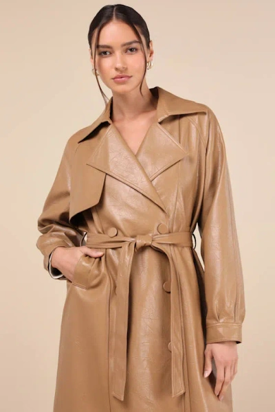 Lulus Seasonally Posh Tan Vegan Leather Trench Coat In Tan