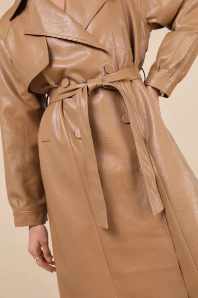 Lulus Seasonally Posh Tan Vegan Leather Trench Coat In Tan