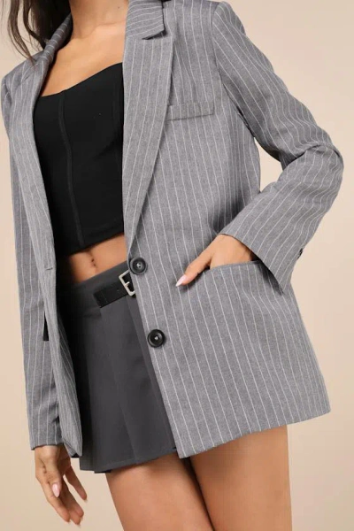 Lulus Convincing Charisma Grey Pinstriped Blazer In Grey