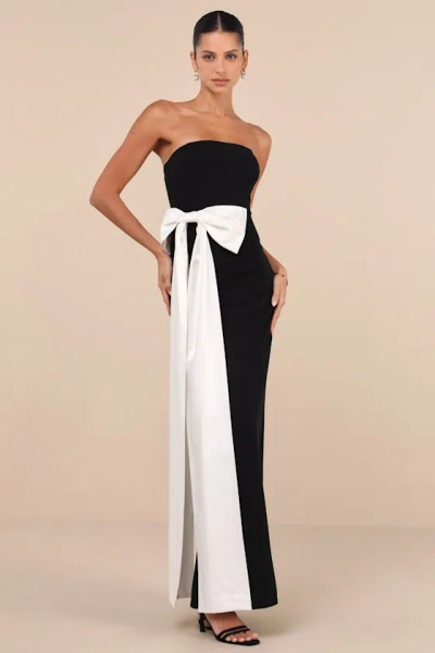 Lulus Marvelous Vision Black Strapless Bow Column Maxi Dress In Black