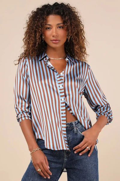 LULUS PLAYFULLY COMPOSED BROWN AND BLUE STRIPED SATIN BUTTON-UP TOP 