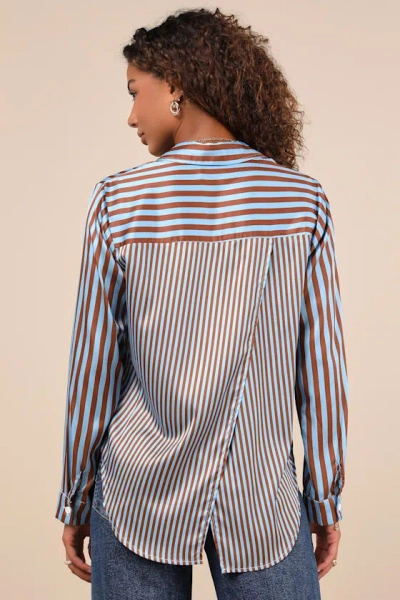LULUS PLAYFULLY COMPOSED BROWN AND BLUE STRIPED SATIN BUTTON-UP TOP 