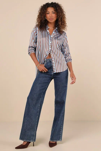 Lulus Playfully Composed Brown And Blue Striped Satin Button-up Top In Brown