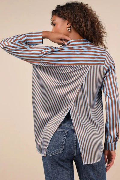 Lulus Playfully Composed Brown And Blue Striped Satin Button-up Top In Brown