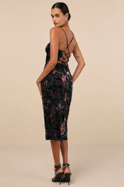 Lulus Moody Allure Black Floral Velvet Burnout Lace-up Midi Dress In Black