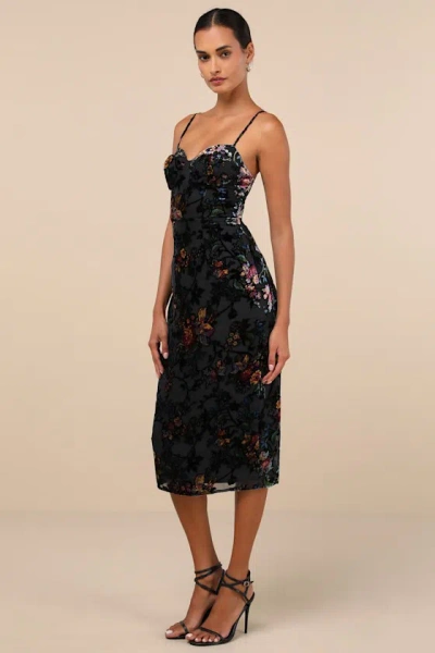 Lulus Moody Allure Black Floral Velvet Burnout Lace-up Midi Dress In Black