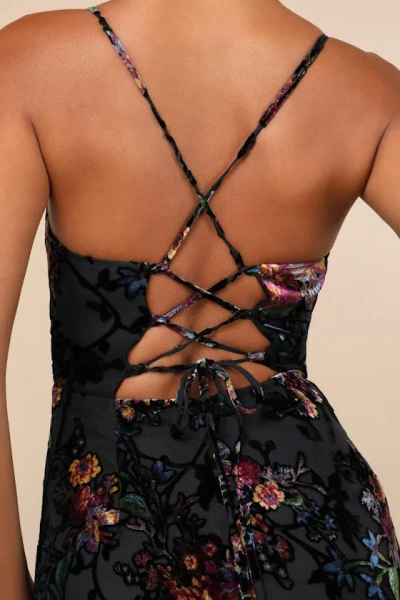 Lulus Moody Allure Black Floral Velvet Burnout Lace-up Midi Dress In Black