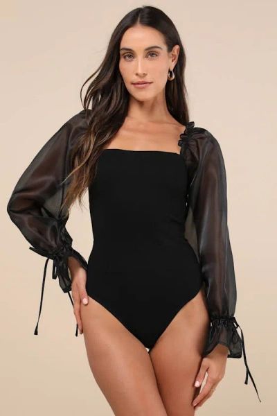 Lulus Seeking Sophistication Black Balloon Sleeve Bodysuit In Black