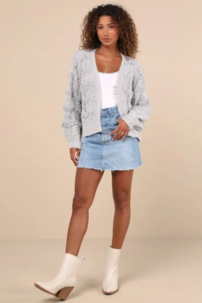 Lulus Cutest Coziness Grey Textured Balloon Sleeve Cardigan Sweater In Grey