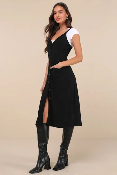 Lulus Certainly The Sweetest Black Corduroy Button-front Midi Dress In Black