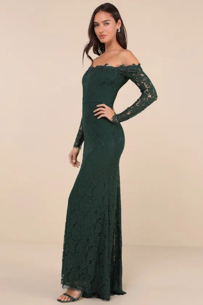 Lulus Romance Dreamer Green Lace Off-the-shoulder Maxi Dress In Green