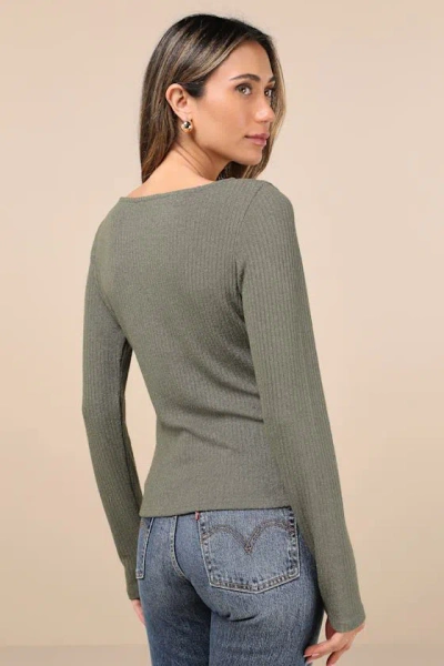 Lulus Novel Poise Olive Green Textured V-neck Long Sleeve Top In Olive Green