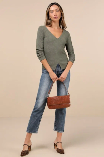 Lulus Novel Poise Olive Green Textured V-neck Long Sleeve Top In Olive Green