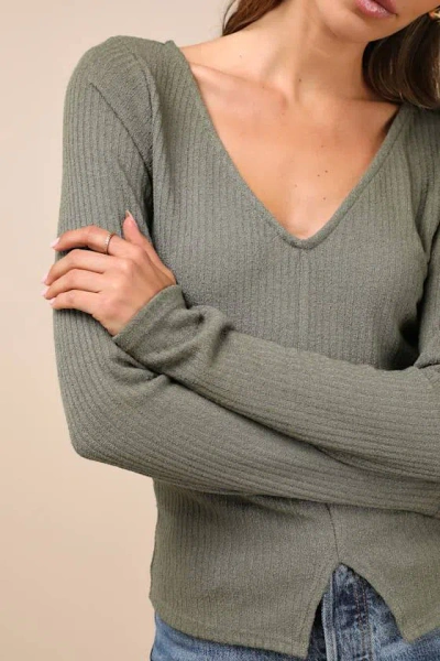 Lulus Novel Poise Olive Green Textured V-neck Long Sleeve Top In Olive Green