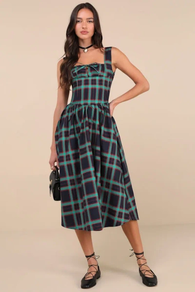 Mutma Dola Green And Red Plaid Sleeveless Bustier Midi Dress In Green