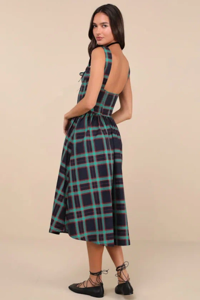 Mutma Dola Green And Red Plaid Sleeveless Bustier Midi Dress In Green