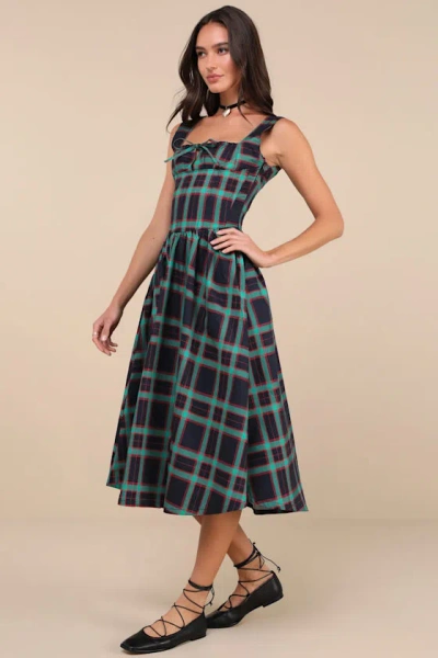 Mutma Dola Green And Red Plaid Sleeveless Bustier Midi Dress In Green
