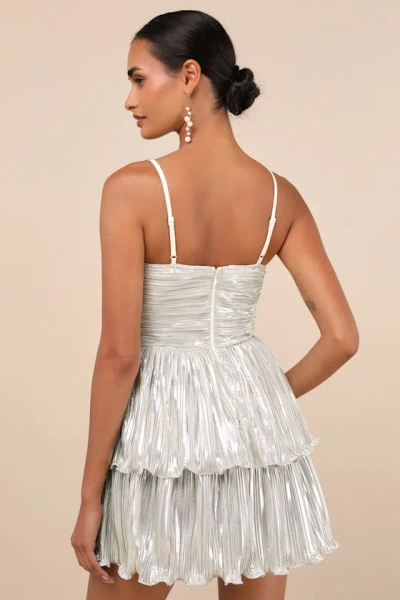 Lulus Glorious Shine Champagne Metallic Pearl Tiered Mini Dress In Champagne