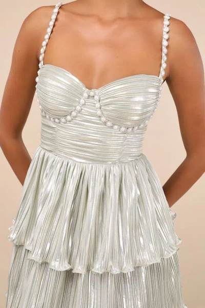 Lulus Glorious Shine Champagne Metallic Pearl Tiered Mini Dress In Champagne