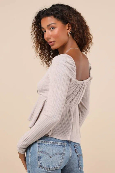 Lulus Impressively Charming Taupe Tie-front Long Sleeve Top In Taupe