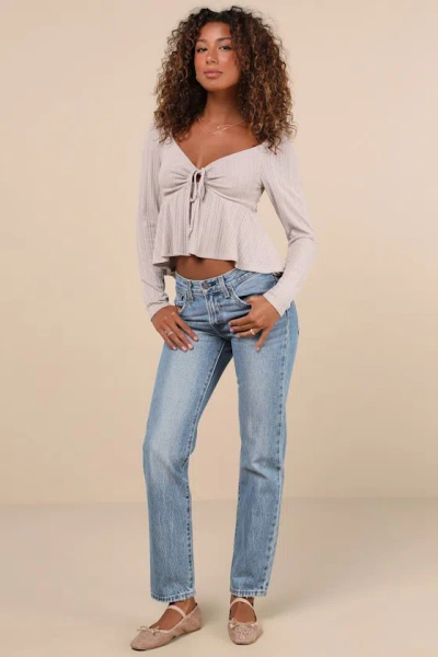 Lulus Impressively Charming Taupe Tie-front Long Sleeve Top In Taupe
