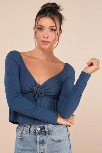 Lulus Impressively Charming Dark Blue Tie-front Long Sleeve Top In Dark Blue