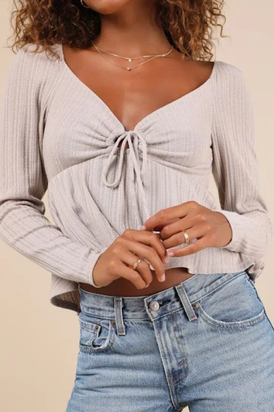 Lulus Impressively Charming Taupe Tie-front Long Sleeve Top In Taupe