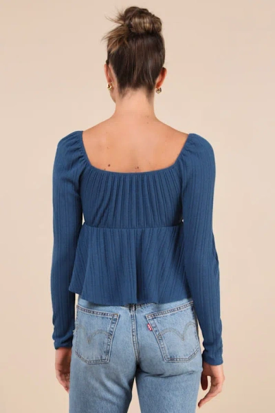 Lulus Impressively Charming Dark Blue Tie-front Long Sleeve Top In Dark Blue