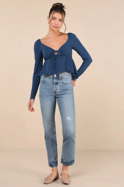 Lulus Impressively Charming Dark Blue Tie-front Long Sleeve Top In Dark Blue