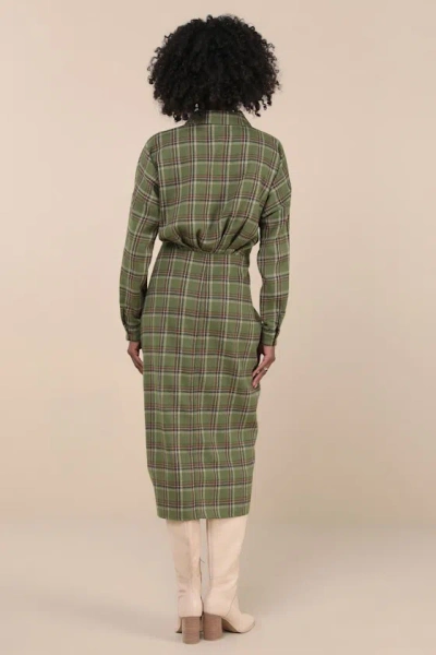 Lulus Seasonal Spirit Green Plaid Ruched Long Sleeve Midi Dress In Green
