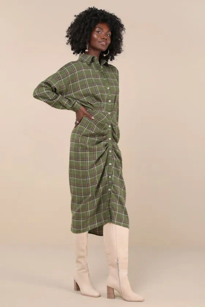 Lulus Seasonal Spirit Green Plaid Ruched Long Sleeve Midi Dress In Green