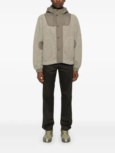 C.p. Company Textured Fleece Casual Jacket With Hood And Button-up Front In Brown