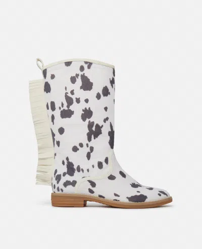 Stella Mccartney Cow Pattern Fringed Western Boots In Ivory