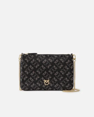 Shop Pinko Monogram Rhinestone Clutch Bag With Shoulder Strap In Nero/argento-oro