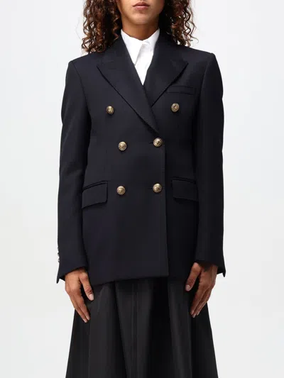 Golden Goose Blue Double-breasted Jacket With Peak Revers And Logo Plaque Detail In On The Rear In Wool Blend Wom In Navy