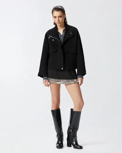 Pinko Short Double-faced Wool Coat With High Collar In Nero Limousine