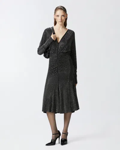 Pinko Full Rhinestone Jersey Midi Dress In Limo Black