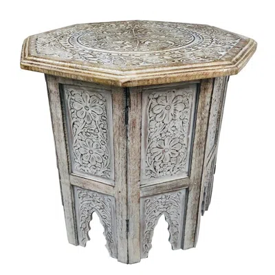 Furnizzeme Farmhouse Wooden Side Table With Engraved Design And Octagonal Top, Antique Brown