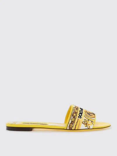 Dolce & Gabbana Yellow Sliders With Embroidered Majolica Pattern In Cotton And Leather Woman In Gelb