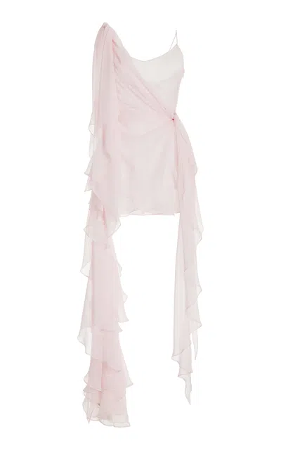 Laquan Smith Asymmetric Ruffled Silk Mini Dress In Light Pink