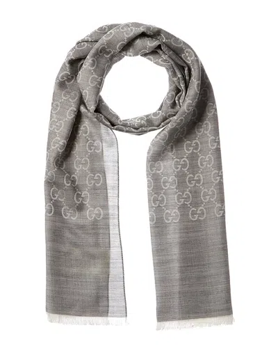 Gucci Logo Small Jacquard Wool & Silk-blend Scarf In Grey