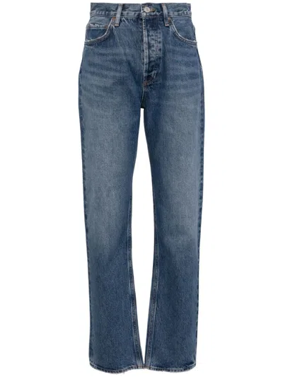 Agolde Wide-leg Faded Wash Denim Trousers With Five Pockets In Blue