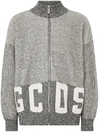 Gcds Grey Ribbed Logo Full Zip Cardigan In Gray