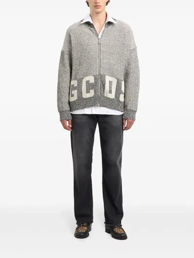 Gcds Grey Ribbed Logo Full Zip Cardigan In Gray