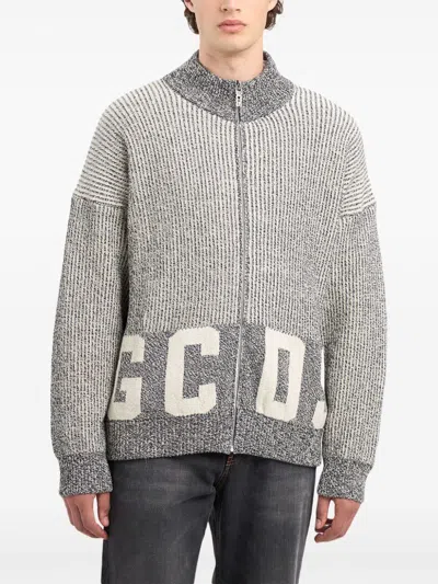 Gcds Grey Ribbed Logo Full Zip Cardigan In Gray