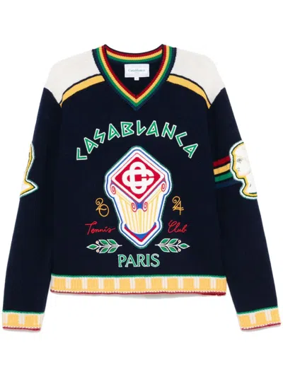 Casablanca Mens Navy Fraternity Embroidered Flocked-text Wool Knitted Jumper In Blue