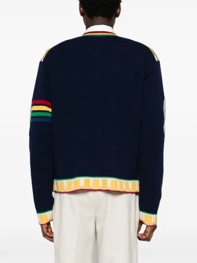 Casablanca Mens Navy Fraternity Embroidered Flocked-text Wool Knitted Jumper In Blue